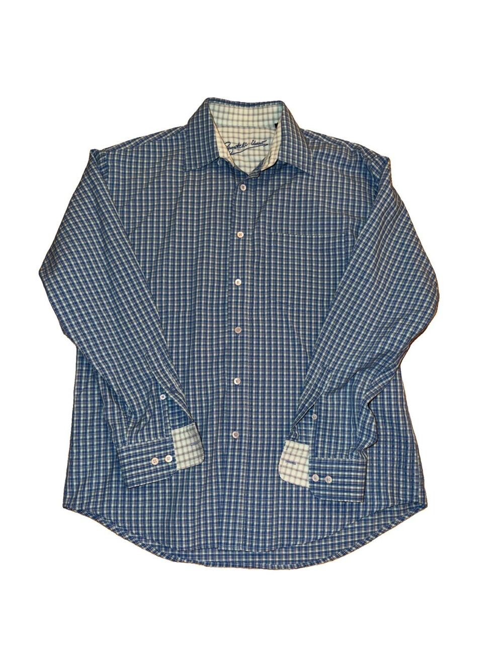 Bugatchi Uomo Men’s Medium Blue Plaid Modal Button Up Dress Shirt Raylon/Poly